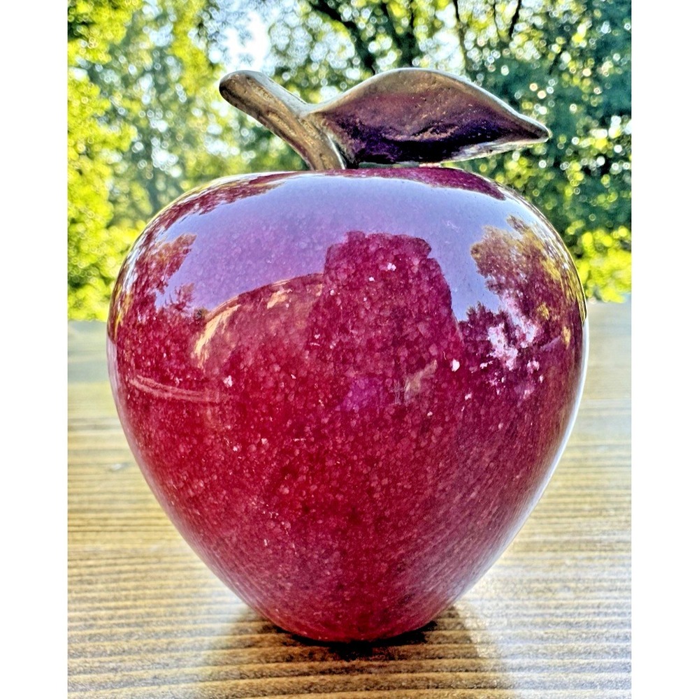 Stone Red Apple Paperweight Figurine Brass Leaf Alabaster Marble 3.5"